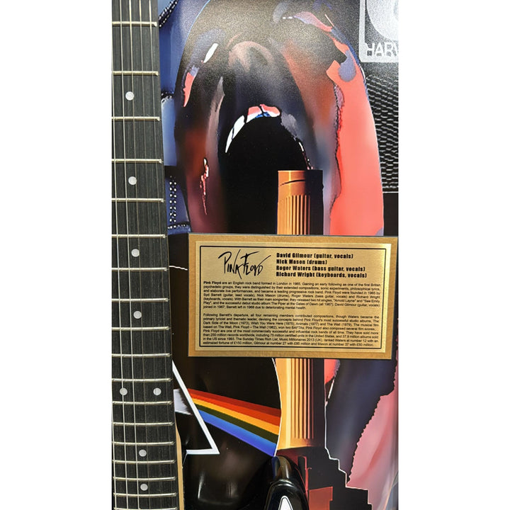 21x44 framed Pink Floyd Roger Waters David Gilmour Richard Wright Nick Mason vintage black les paul electric guitar signed with proof.