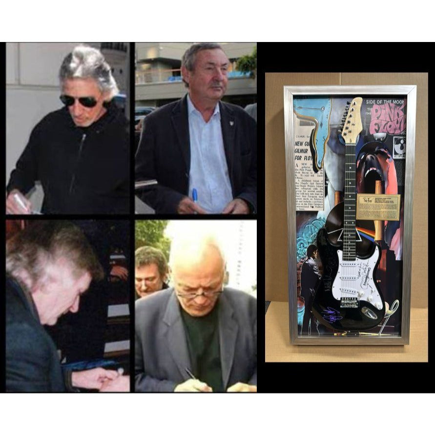 21x44 framed Pink Floyd Roger Waters David Gilmour Richard Wright Nick Mason vintage black les paul electric guitar signed with proof.