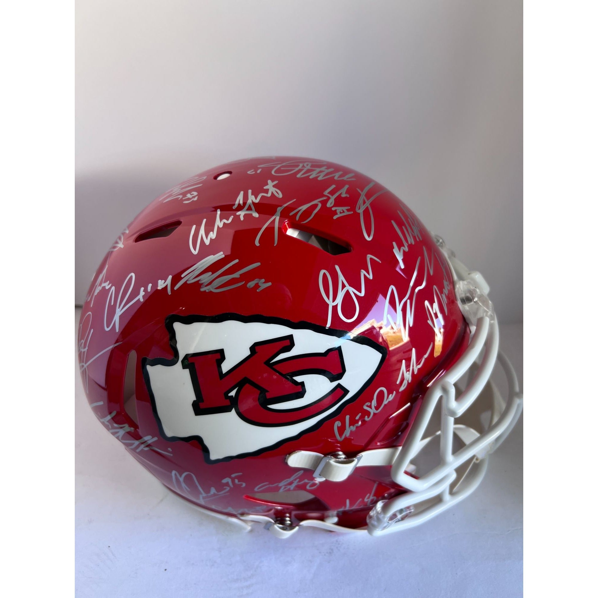Patrick Mahomes Andy Reid Travis Kelce 2022- 23 Super Bowl champion Kansas City Chiefs Riddell Speed Authentic team signed helmet signed