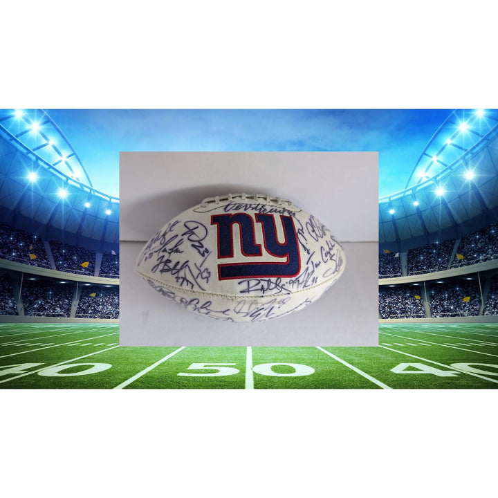 New York Giants Eli Manning Michael Strahan Tom Coughlin Super Bowl champions team signed football