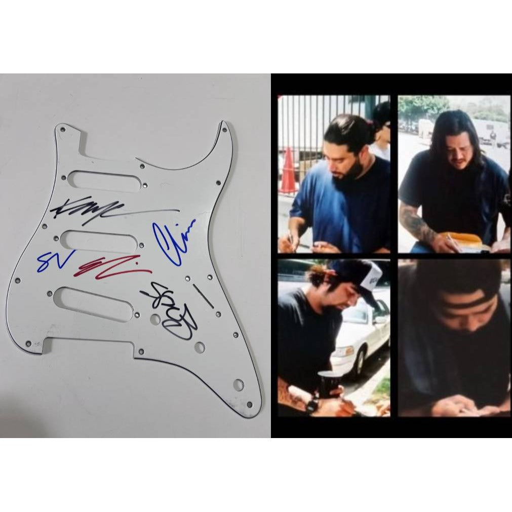 Chino Moreno, Stephen Carpenter, Abe Cunningham, Frank Delgado the deftones Stratocaster electric pickguard signed with proof