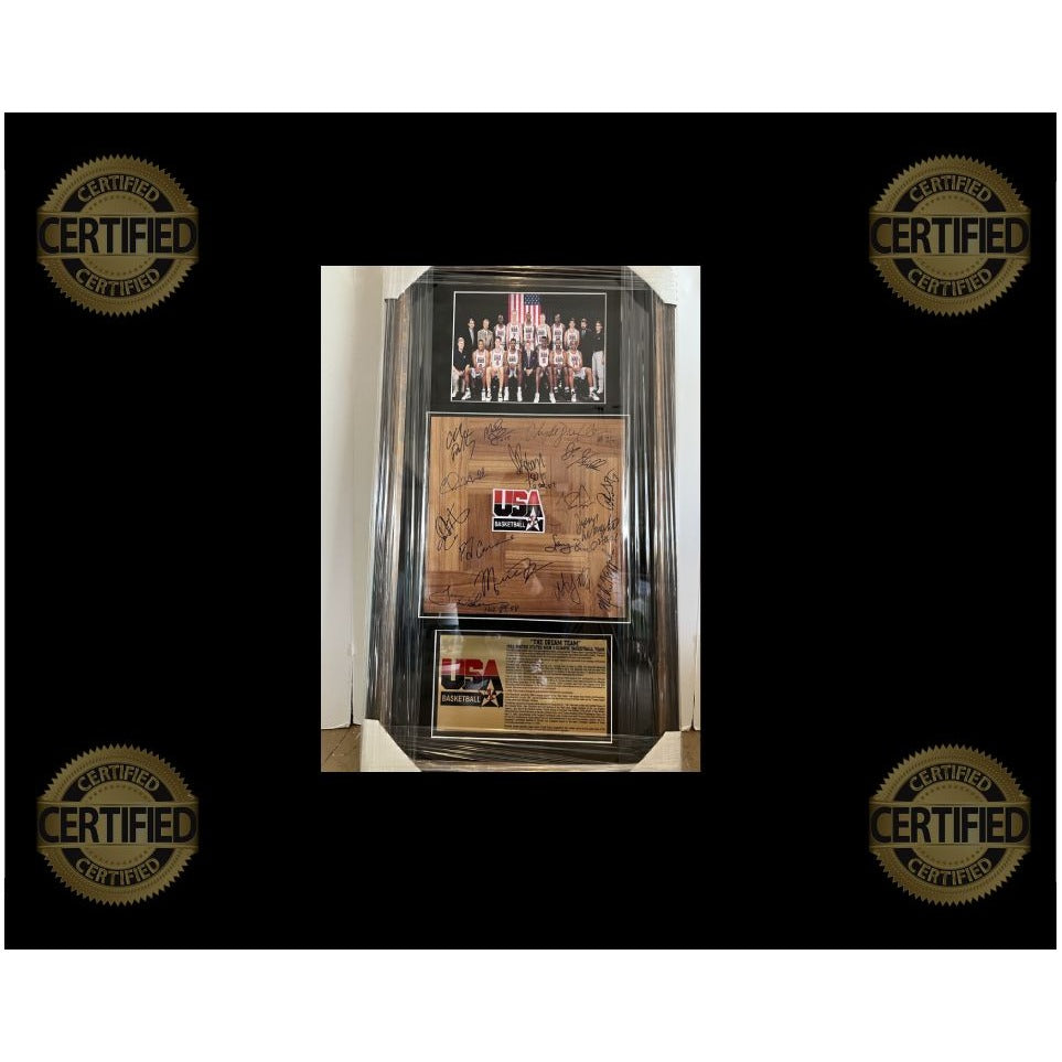 Michael Jordan Larry Bird Magic Johnson Charles Barkley 1992 Team USA Dream Team parquet wood floorboard signed and framed