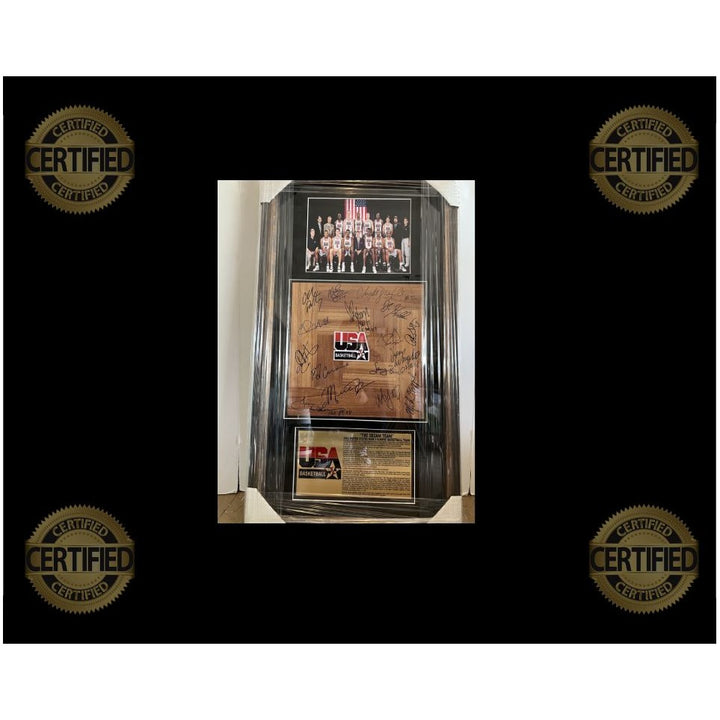 Michael Jordan Larry Bird Magic Johnson Charles Barkley 1992 Team USA Dream Team parquet wood floorboard signed and framed