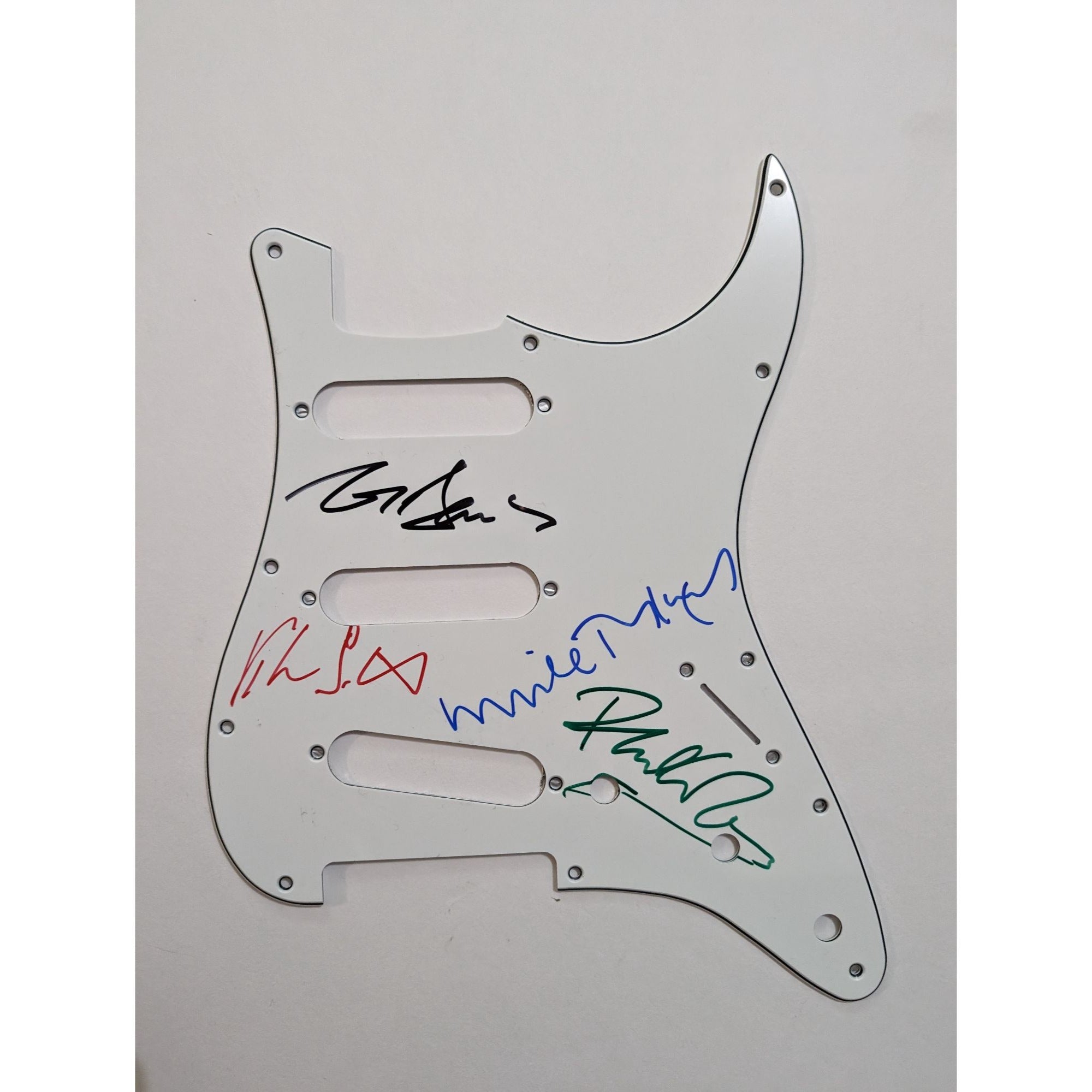 Genesis Phil Collins Peter Gabriel Mike Rutherford Tony Banks Fender Stratocaster electric guitar pickguard signed with proof
