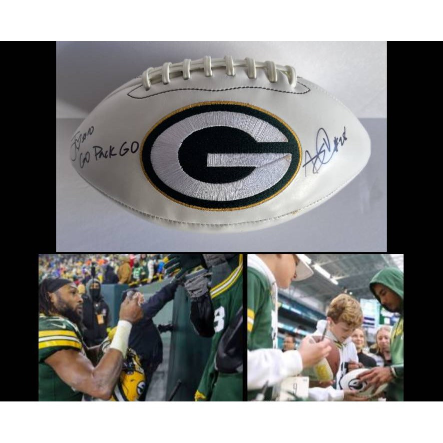 Green Bay Packers Jordan Love and Aaron Jones logo full size football signed with proof