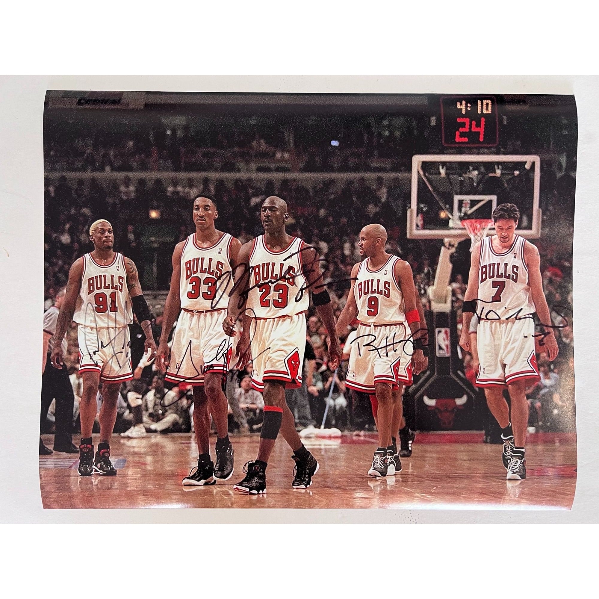 Chicago Bulls Michael Jordan Dennis Rodman Scottie Pippen Tony Kukoc and Ron Harper 16 by 20 photo signed with proof