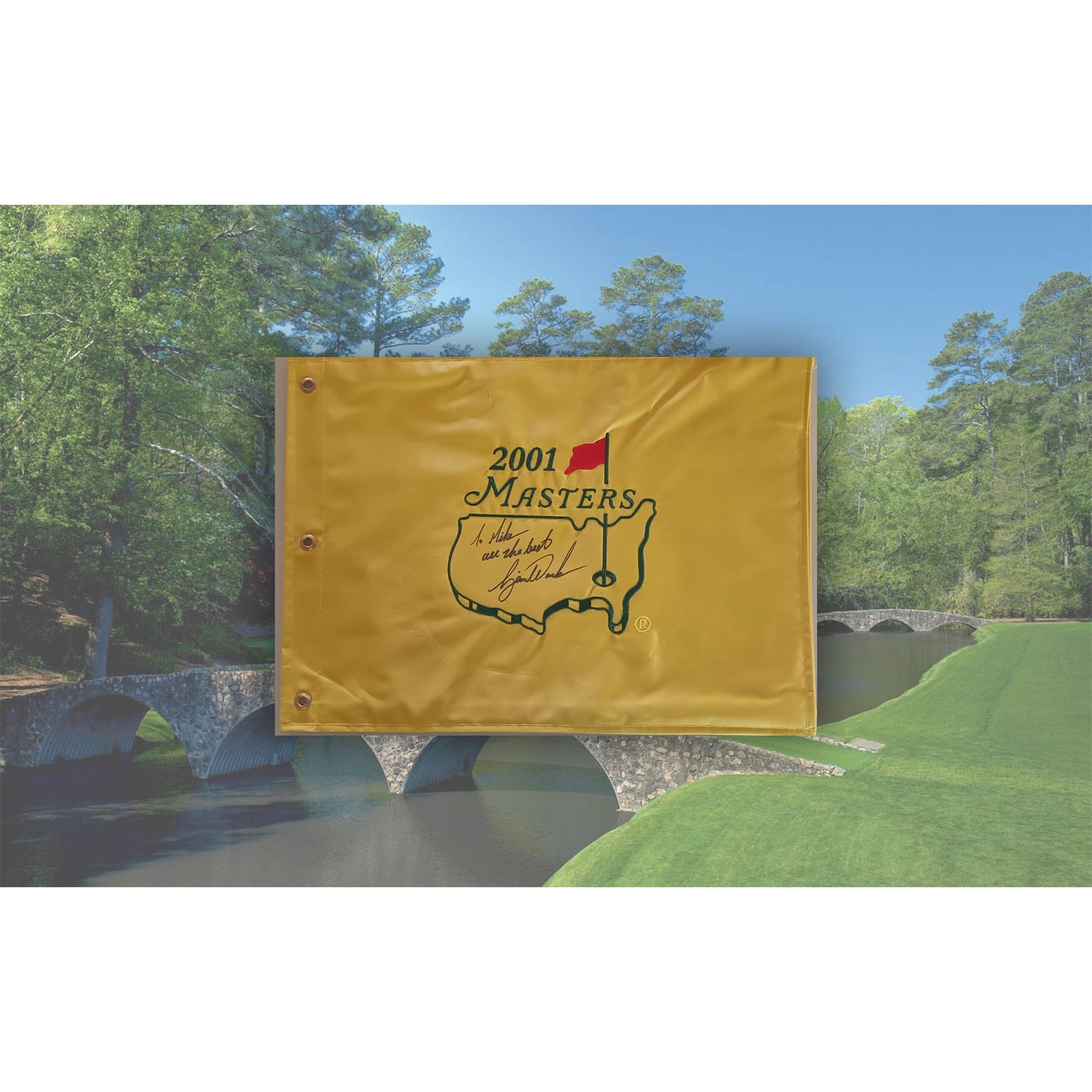 Tiger Woods "To Mike all the best" 2001 Masters Golf pin flag signed with proof