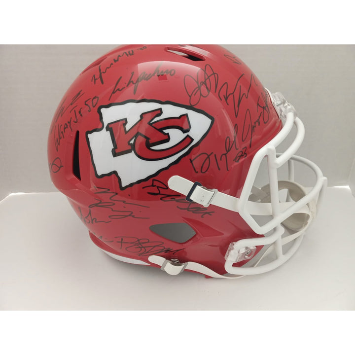 Kansas City Chiefs.Patrick Mahomes Travis Kelce Andy Reid 2023-24 Speed Riddell replica helmet 40 sigs signed with proof