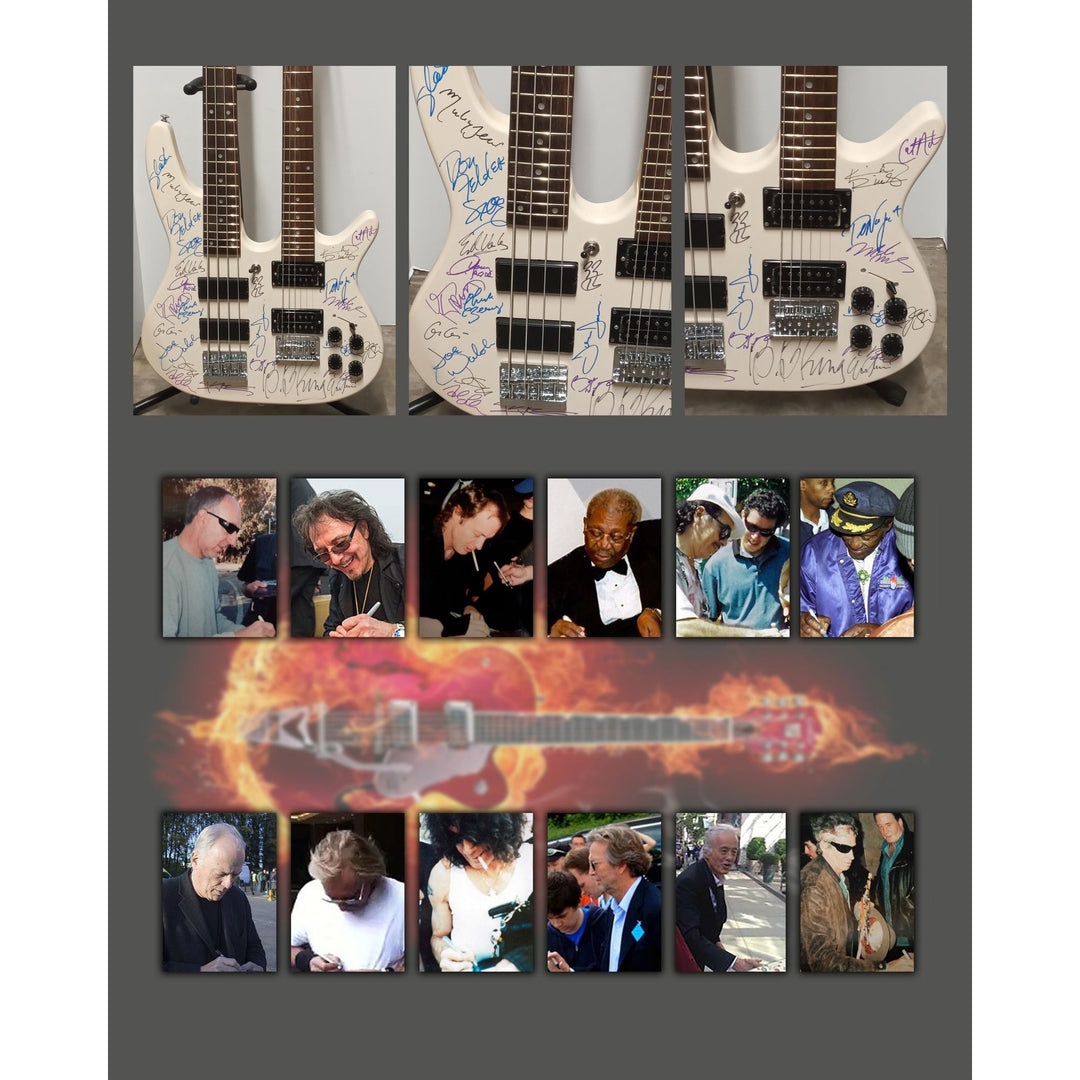 Jimmy Page, Eddie Van Halen, Angus Young, Eric Clapton, 25 guitar Legends BadAax electric guitar signed with proof