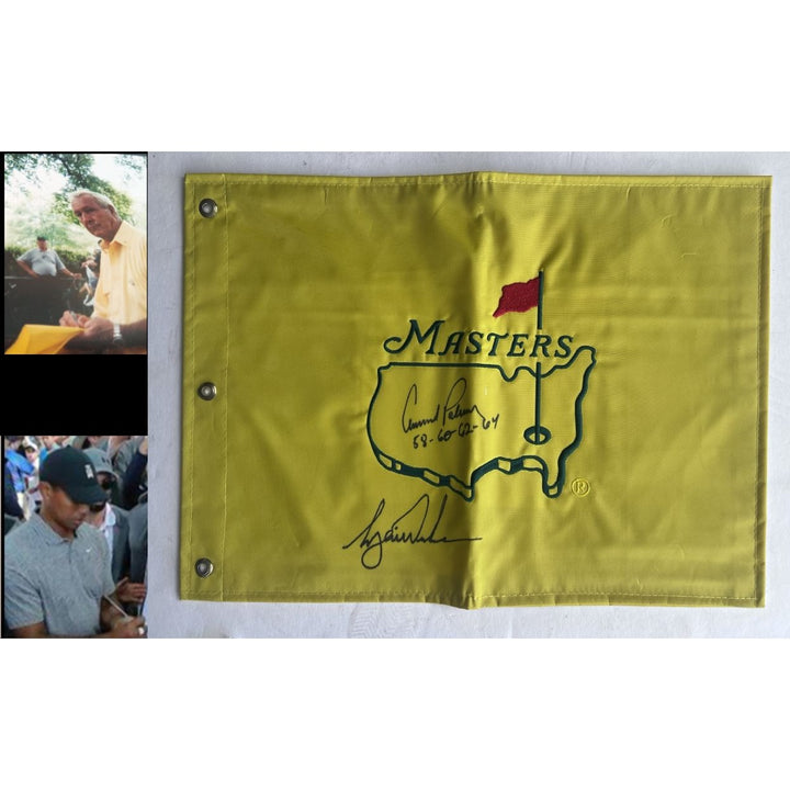 Arnold Palmer signed with Masters Victory inscription and Tiger Woods Masters embroidered pin flag signed with proof