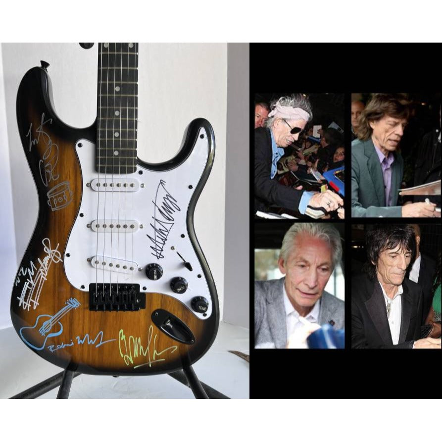 Mick Jagger Keith Richards Bill Wyman Ronnie Wood Charlie Watts signed guitar with proof