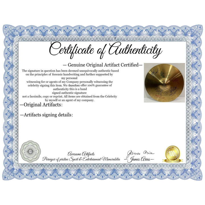 Iron Maiden with band graphic artist Drerek Ricks w/ sketch cymbal 12" signed with proof