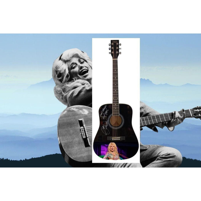 Dolly Parton full size black acoustic guitar signed with proof