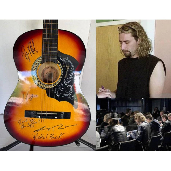 Nickelback Chad Kroeger, Ryan Peake, Mike Kroeger, Daniel Adair vintage acoustic guitar signed with proof