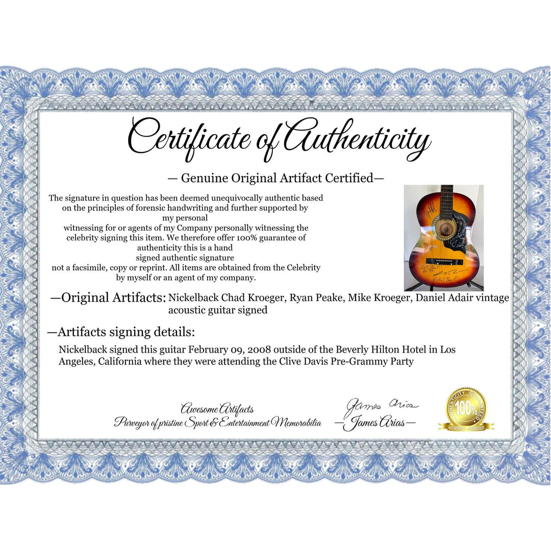 Nickelback Chad Kroeger, Ryan Peake, Mike Kroeger, Daniel Adair vintage acoustic guitar signed with proof