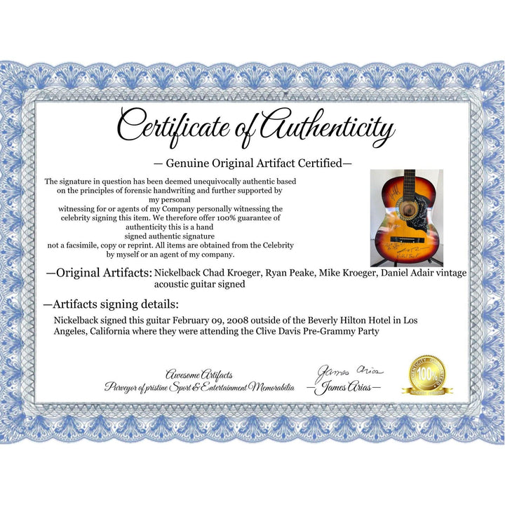 Nickelback Chad Kroeger, Ryan Peake, Mike Kroeger, Daniel Adair vintage acoustic guitar signed with proof