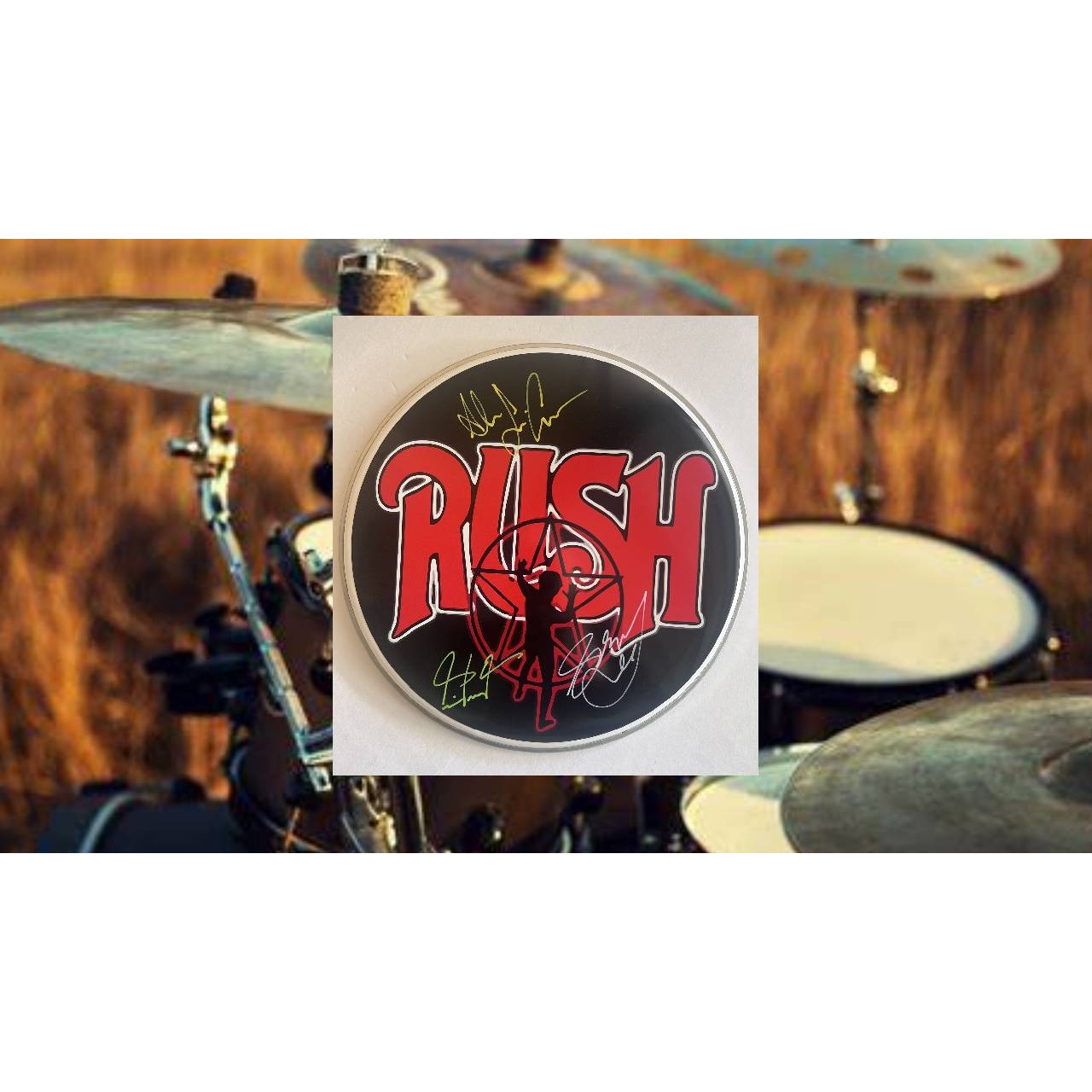 Rush Geddy Lee, Neil Peart, Alex Lifeson one-of-a-kind drumhead signed with proof
