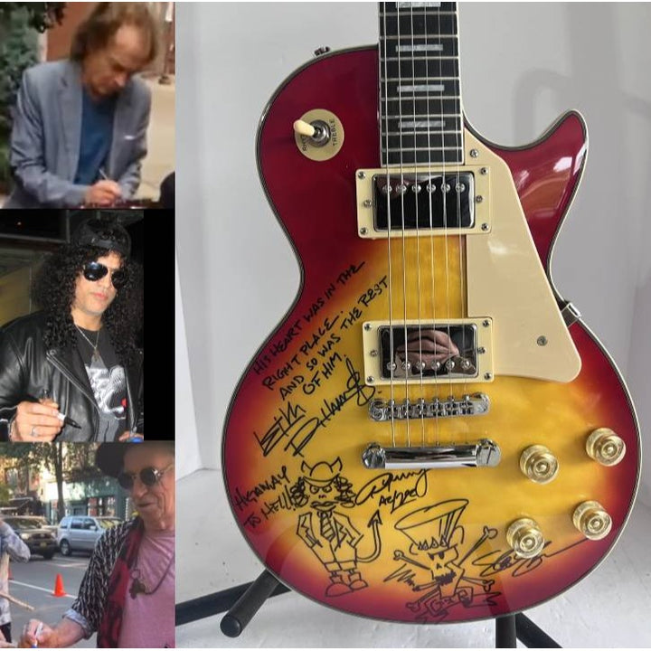 Keith Richards inscribed Angus Young with Sketch Saul Hudson "Slash" GNR signed with Sketch One of a Kind Les Paul electric guitar signed