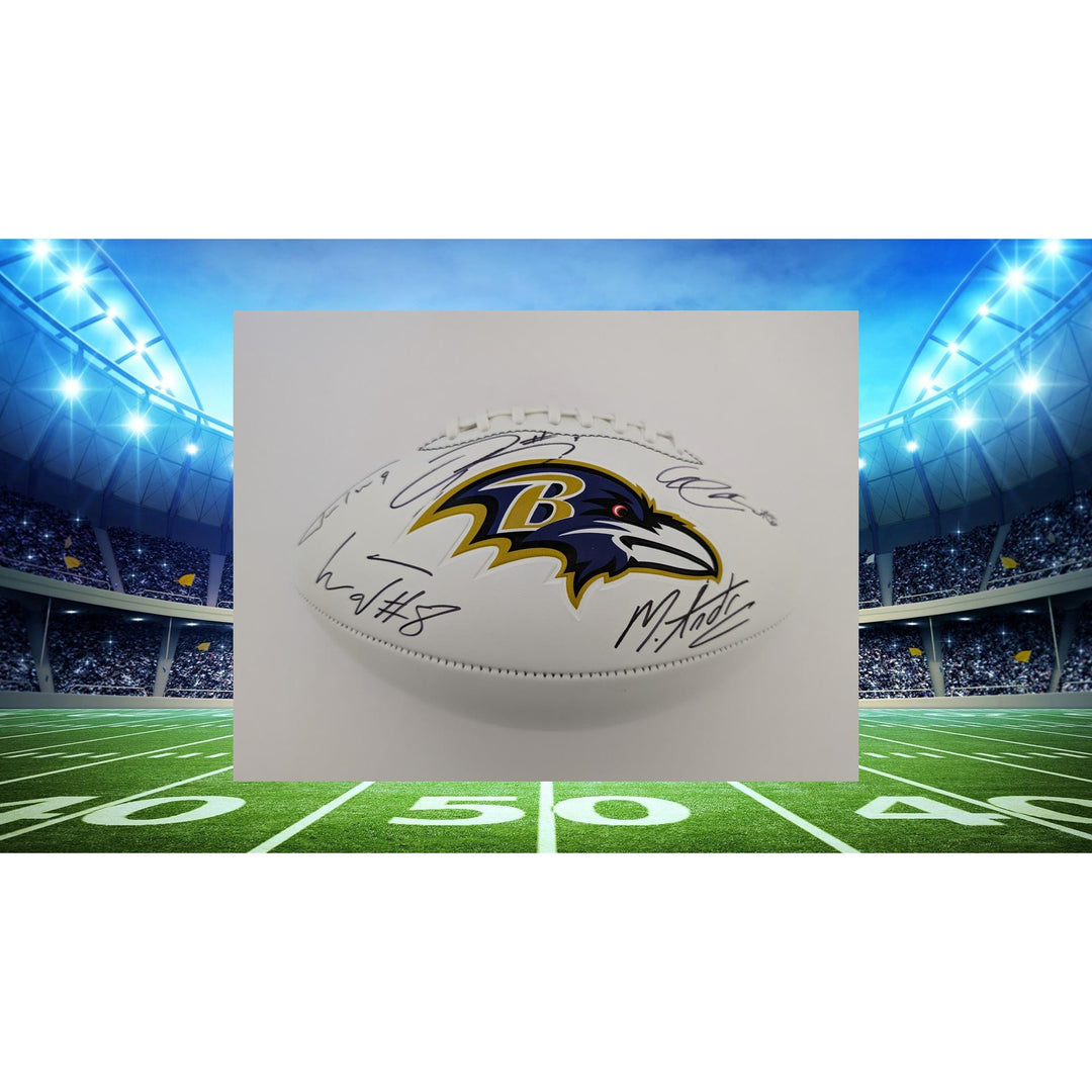 Baltimore Ravens Lamar Jackson Odell Beckham, Mark Andrews, Justin Tucker, Gus Edwards full size football signed with proof and free acrylic