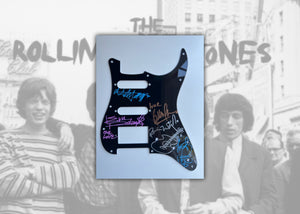 Bill Wyman, Ronnie Wood, Keith Richards, Mick Jagger, Charlie Watts The Rolling Stones Fender Stratocaster guitar pickguard signed with proof
