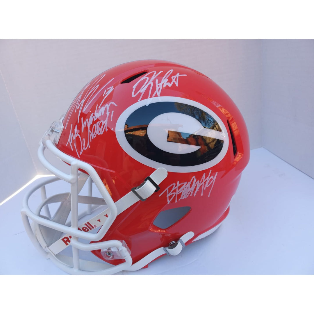 Georgia Bulldogs Stetson Bennett the mailman delivered, Kirby Smart and Brock Bowers Riddell full size speed helmet signed with proof and fr