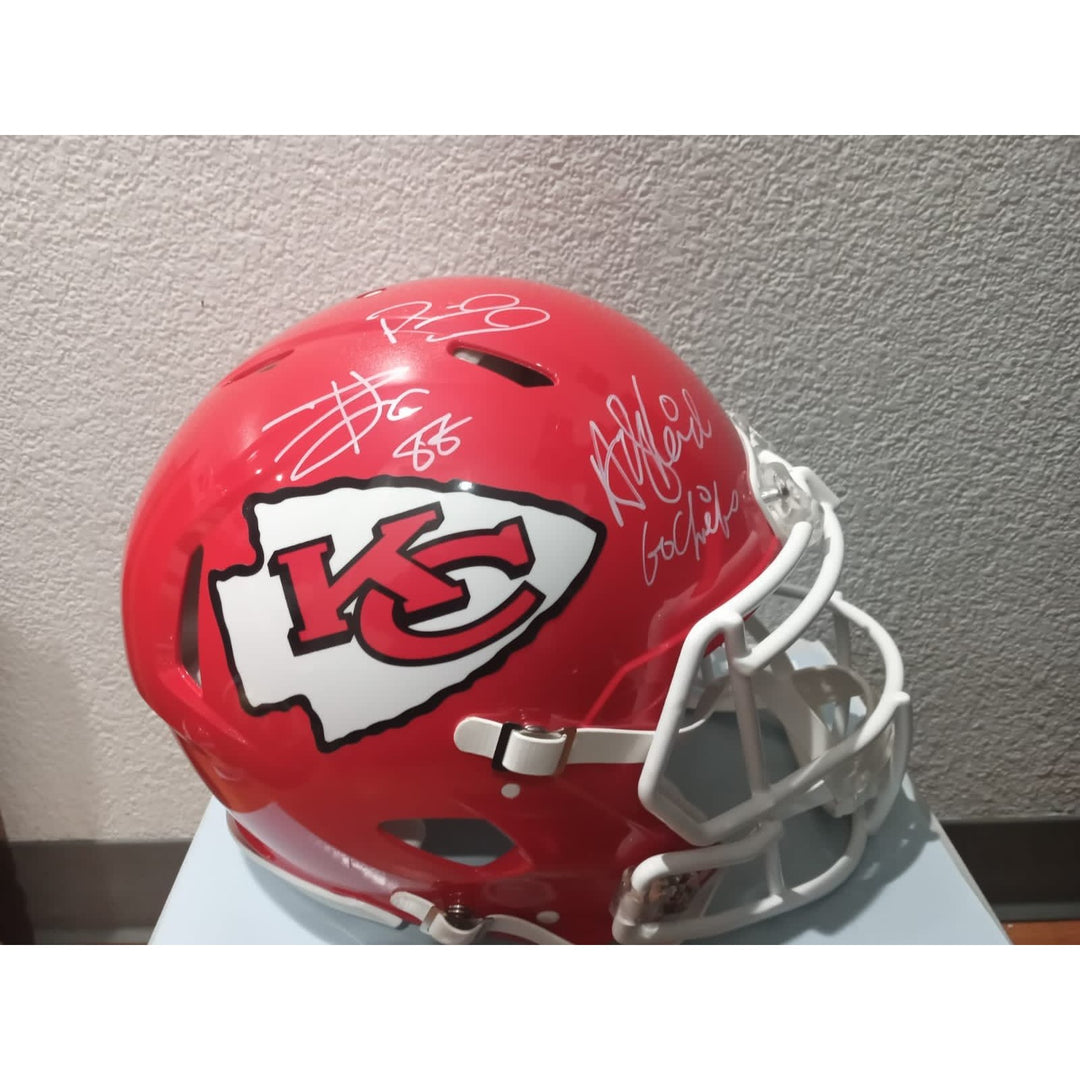 Kansas City Chiefs Patrick Mahomes Andy Reid Travis Kelce Riddell speed authentic game model helmet signed with proof