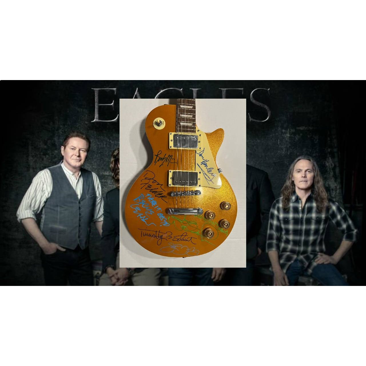 The Eagles Bernie Laden Joe Walsh Don Henley Glenn Frey Randy Meisner signed and inscribed Les Paul electric guitar with proof