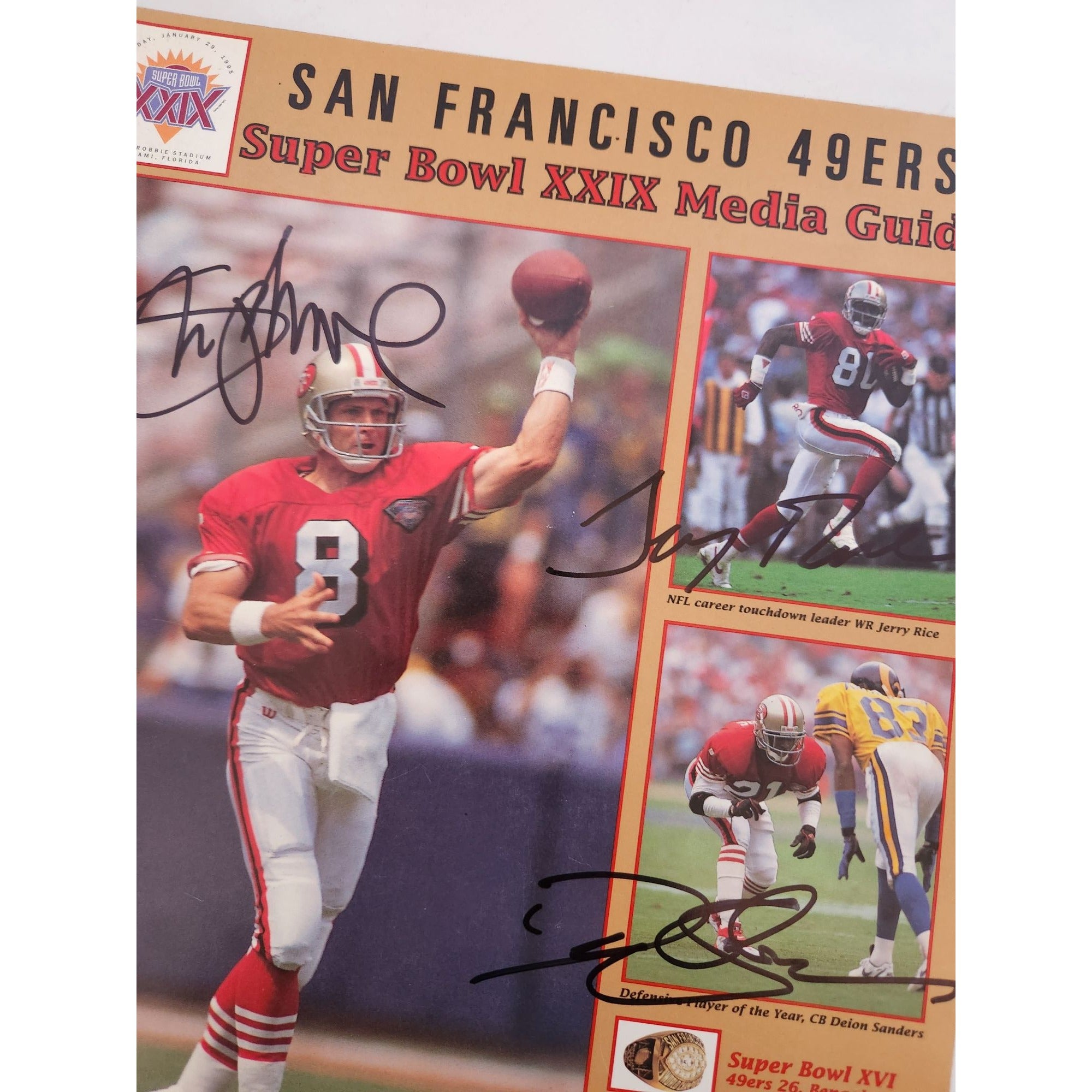 San Francisco 49ers Super Bowl 29 media guide Steve Young Jerry Rice Deion Sanders signed