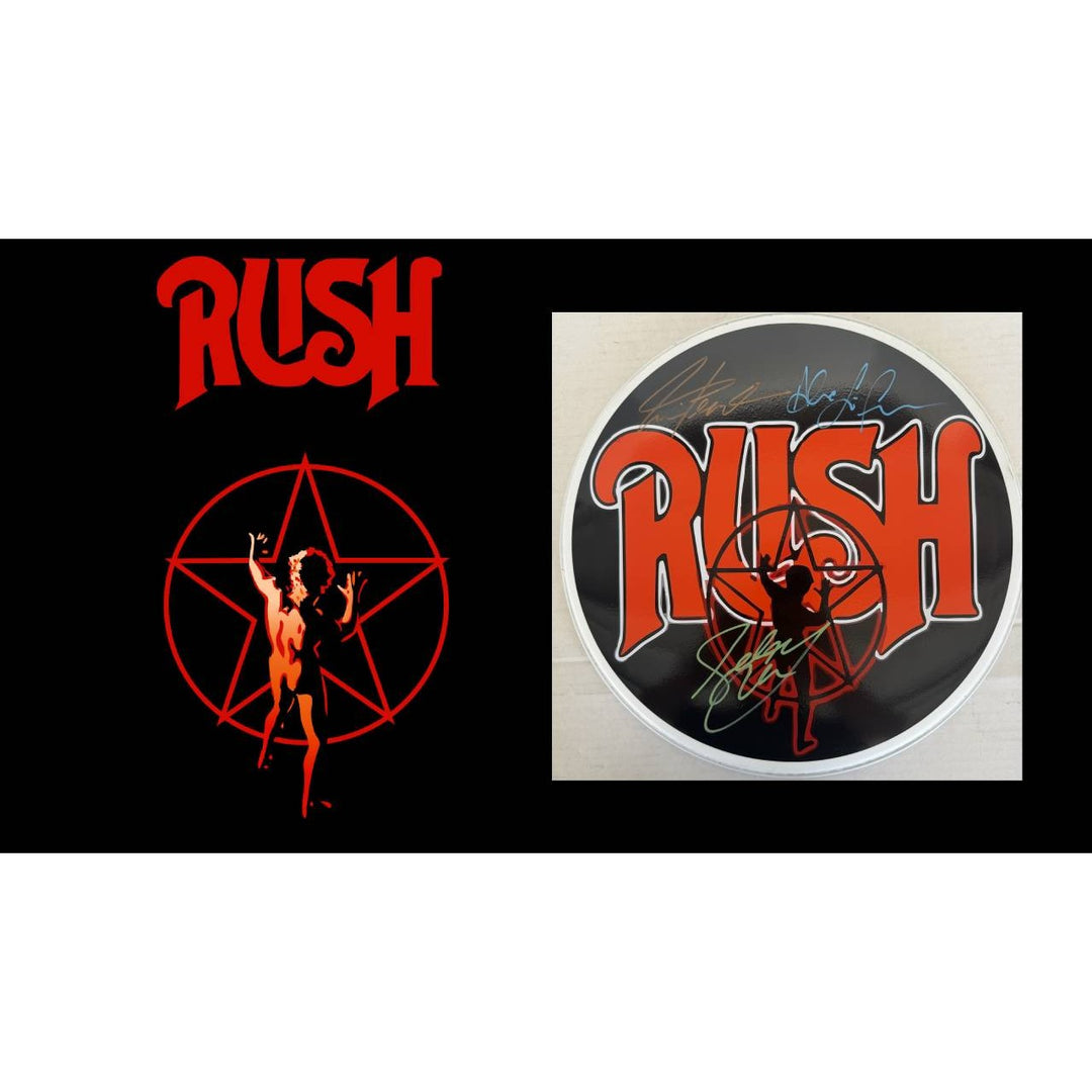 Rush Geddy Lee Alex Lifeson Neil Peart drumhead signed with proof..