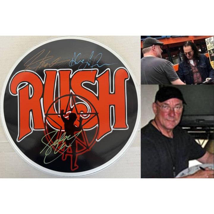Rush Geddy Lee Alex Lifeson Neil Peart drumhead signed with proof..