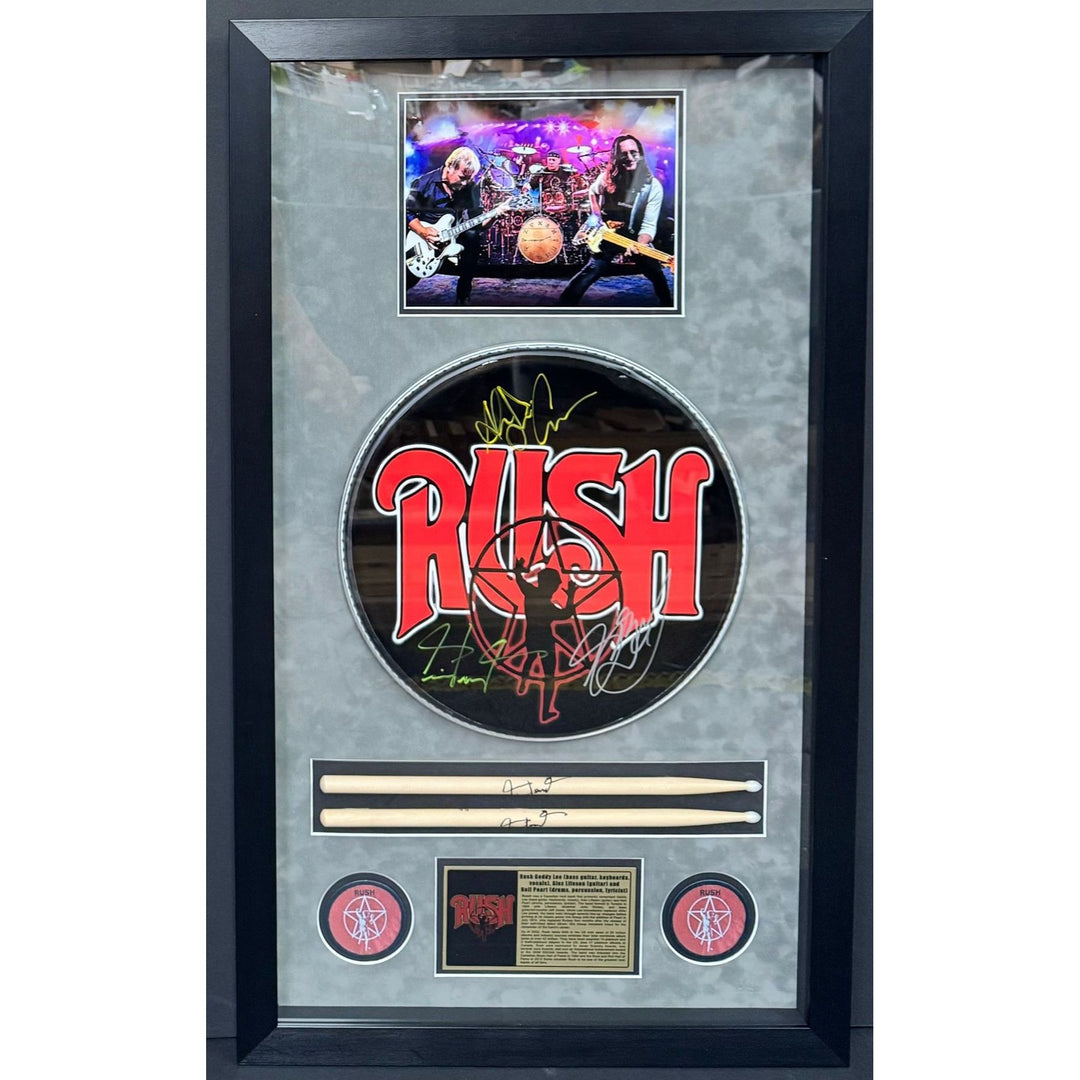 Rush Geddy Lee Alex Lifeson Neil Peart drumhead signed with proof..