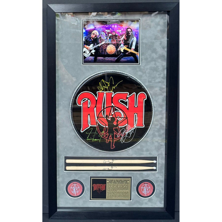 Rush Geddy Lee Alex Lifeson Neil Peart drumhead signed with proof..