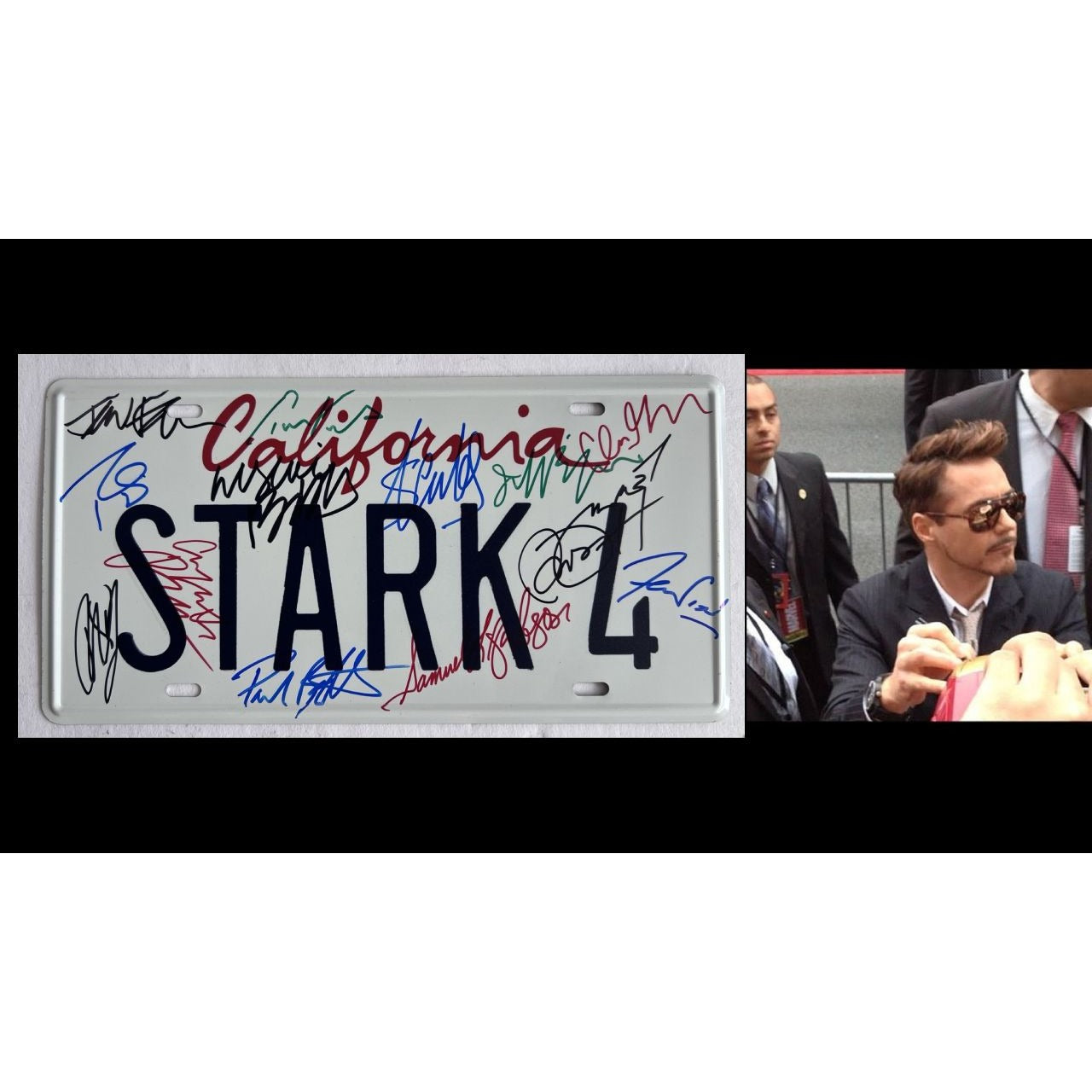 Iron Man original license plate Robert Downey Jr. Stan Lee 13 stars cast signed