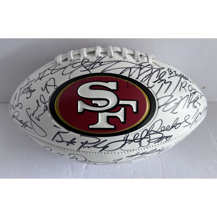 San Francisco 49ers 2023 24 Deebo Samuel, Brock Purdy Christian McCaffrey  full size team signed football with proof