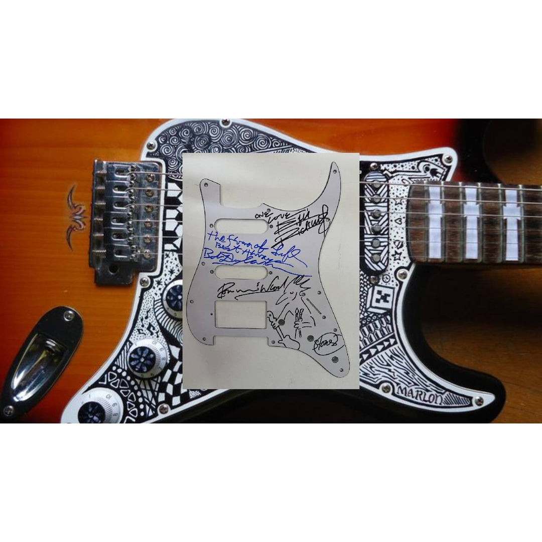 Bob Dylan Keith Richards Ronnie Wood signed and inscribed with Sketch Fender Stratocaster electric guitar pickguard with proof