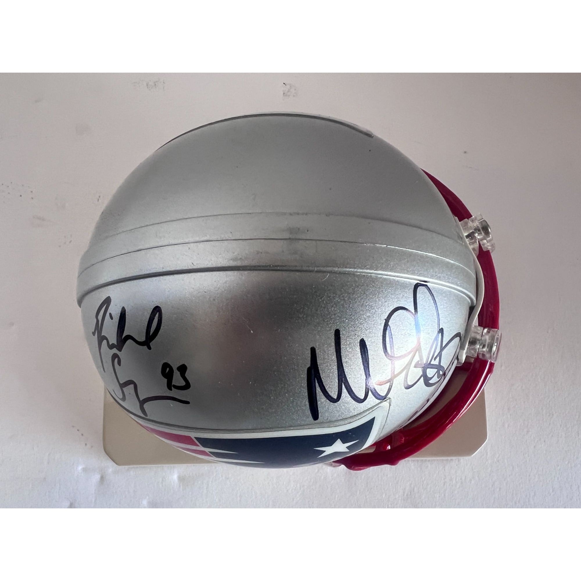 New England Patriots Teddy Bruschi Richard Seymour Junior Seau Bill Belichick Riddell mini helmet signed with proof