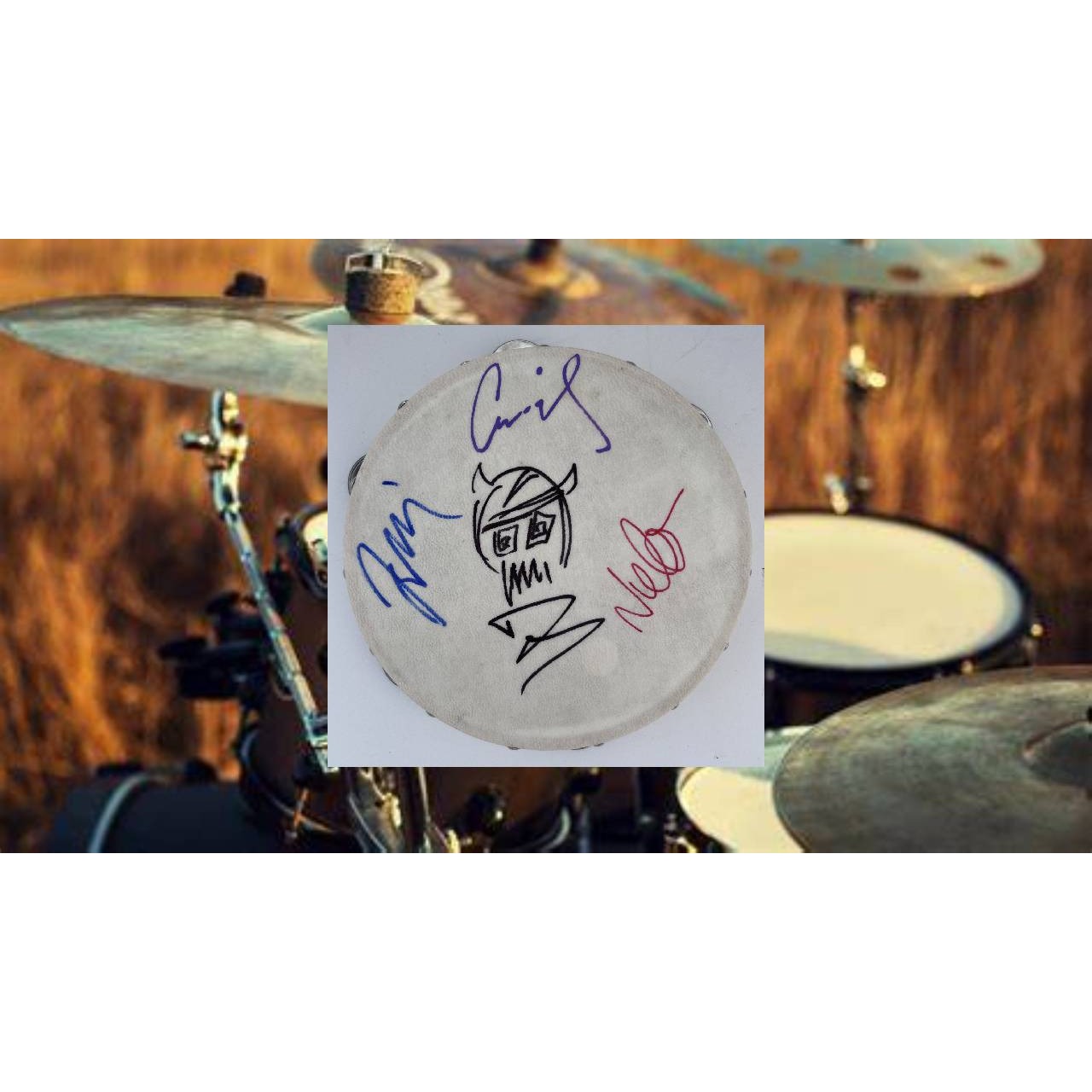 David Grohl Taylor Hawkins the Foo Fighters 10 inch tambourine signed with proof