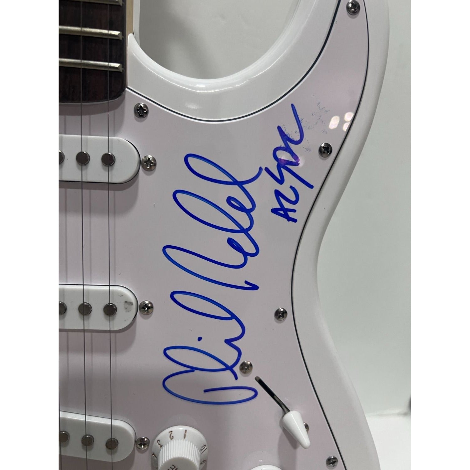 Angus Young & Malcolm Young Brian Johnston Clff Williams Phil Rudd white electric stratocaster signed with proof