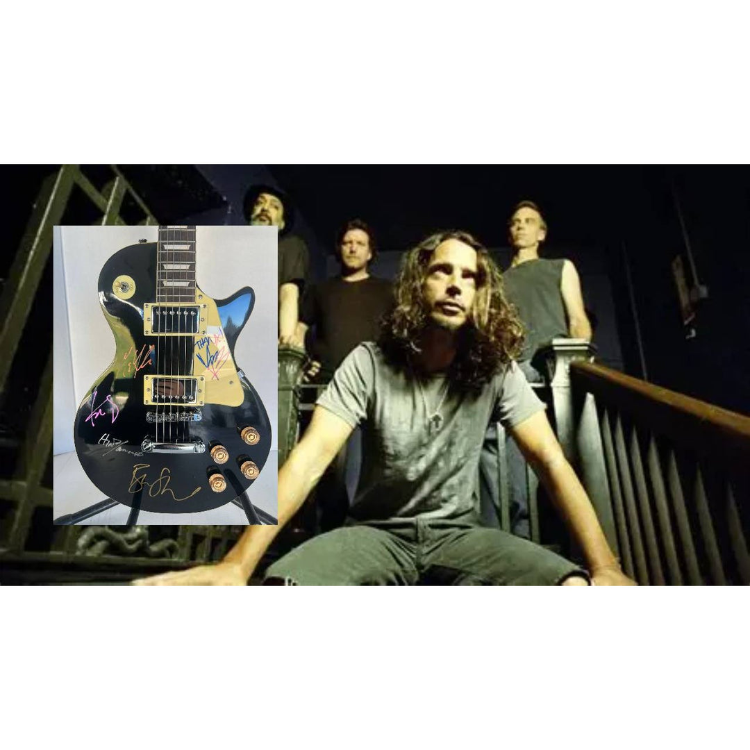Soundgarden Kim Thayil, Matt Cameron, Chris Cornell and Ben Shepherd vintage Black les paul full size electric guitar signed with proof.