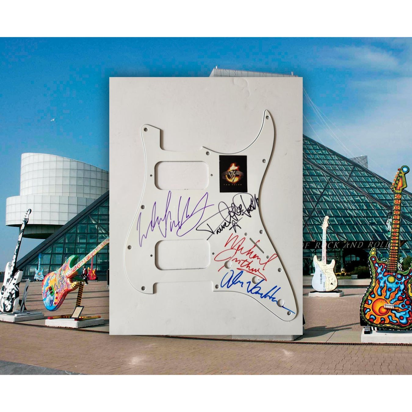 David Lee Roth Eddie Van Halen Michael Anthony Alex Van Halen Fender Stratocaster electric pickguard signed with proof