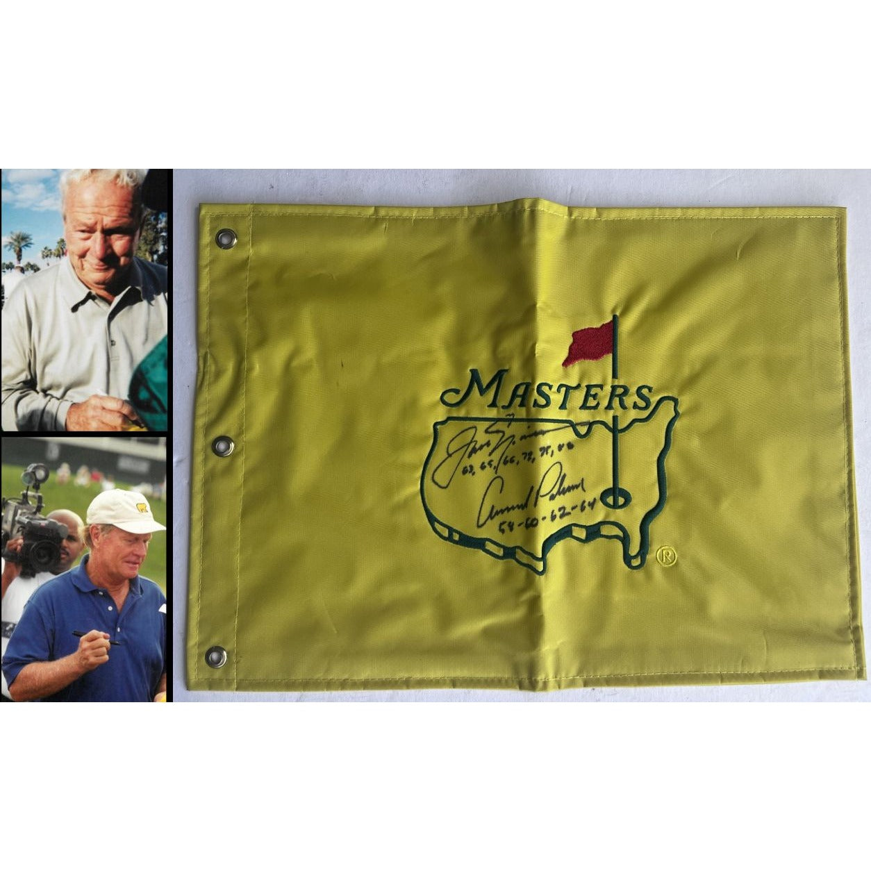 Jack Nicklaus Arnold Palmer signed and inscribed with their masters championships Masters embroidered pin flag with signing proof