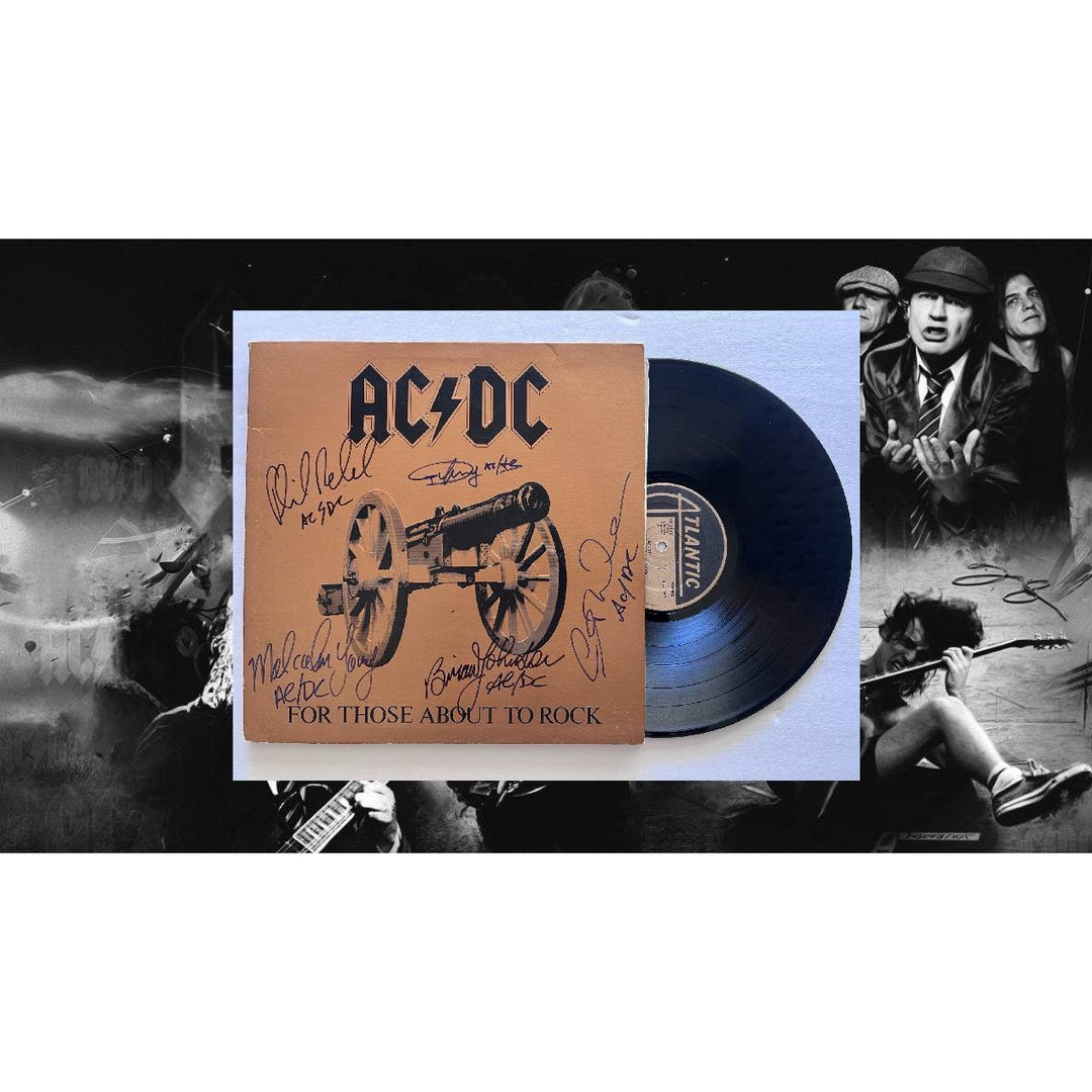 Angus young Malcolm Young Brian Johnson Cliff Williams Phil Rudd AC DC For those About to Rock lp signed with proof