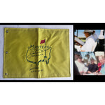 Load image into Gallery viewer, Jack Nicklaus Arnold Palmer signed and inscribed with their masters championships Masters embroidered pin flag with signing proof
