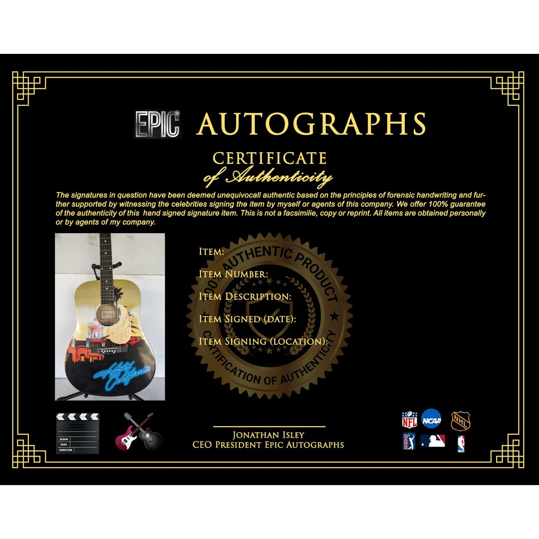 Don Henley, Don Felder, Randy Meisner, Joe Walsh Glenn Frey The Eagles unique "Hotel California" full size acoustic guitar signed with proof