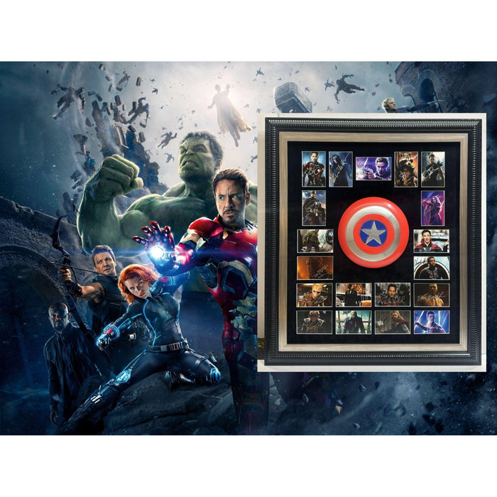 Avengers Captain America shield Chris Evans Scarlett Johansson Robert Downey Jr. Stan Lee 20 plus signatures signed and framed 35x40
