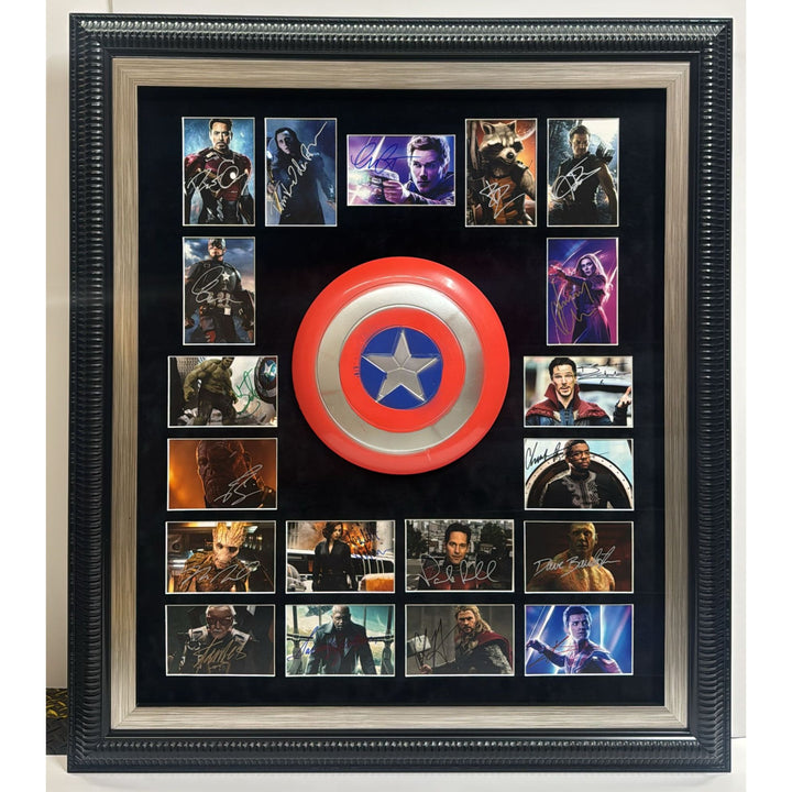 Avengers Captain America shield Chris Evans Scarlett Johansson Robert Downey Jr. Stan Lee 20 plus signatures signed and framed 35x40