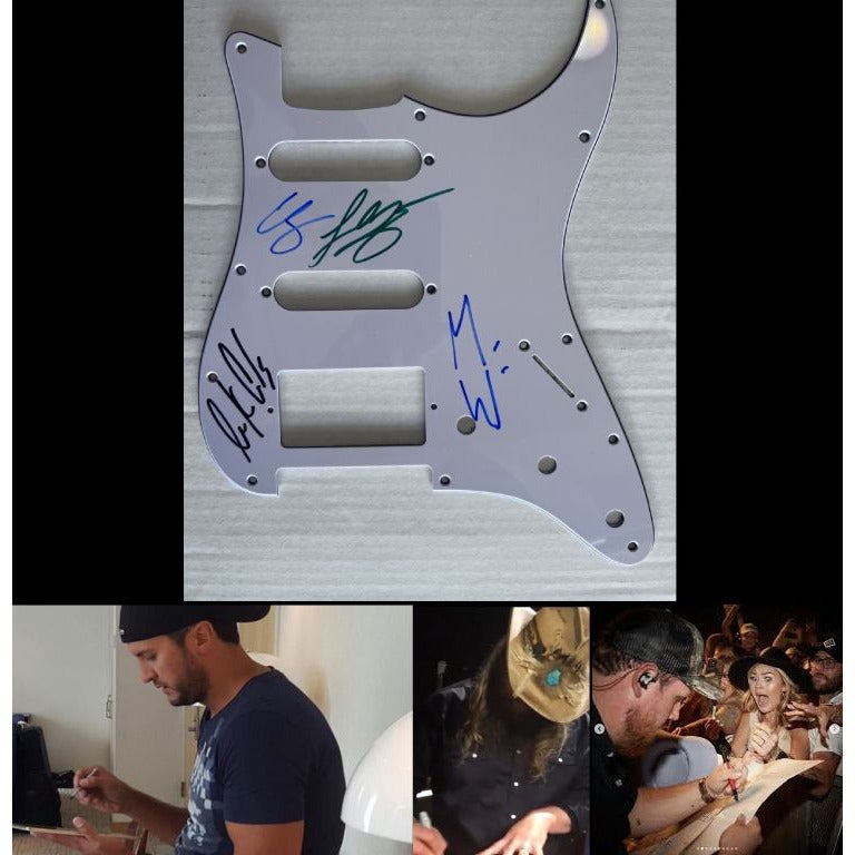 Mark Wallen Chris Stapleton Luke Combs & Luke Bryan Fender Stratocaster electric guitar pickguard signed with proof