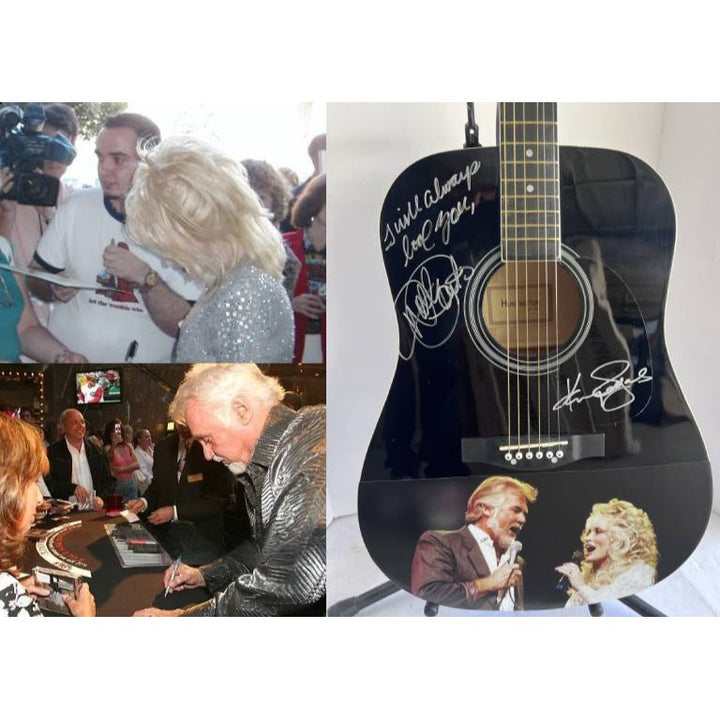 Dolly Parton and Kenny Rogers  one of a kind full size acoustic guitar signed and inscribed "I will always Love You" with photo proof