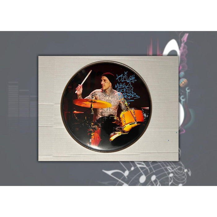 Travis Barker Blink-182 awesome 14 inch drum head signed and inscribed with proof
