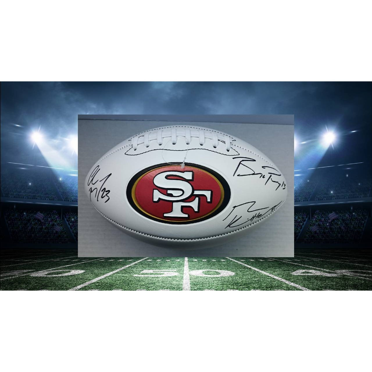San Francisco 49ers Brock Purdy Christian McCaffrey George Kittle full size football signed with proof